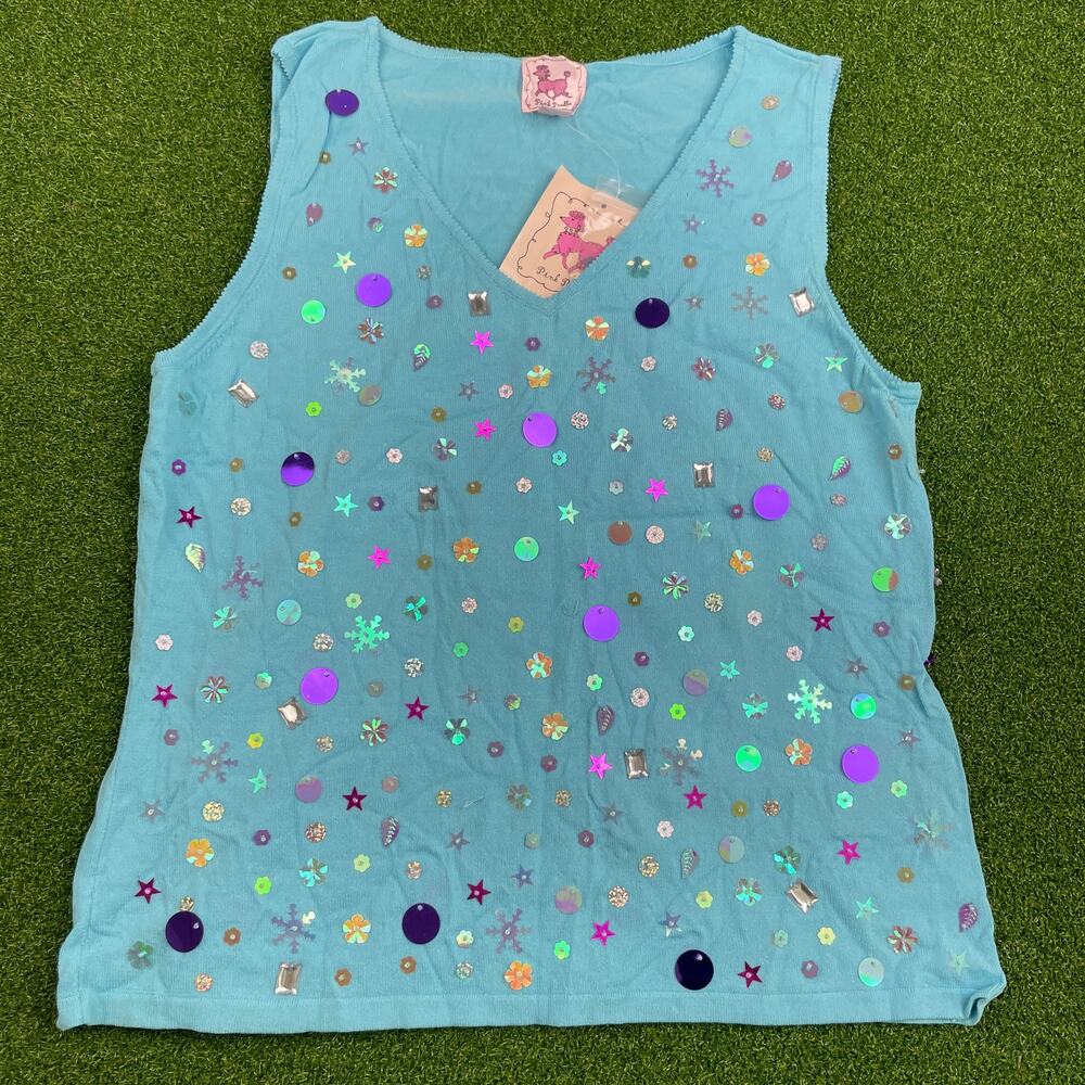 Vintage Y2K NWT Pink Poodle Blue Embellished Sequined Knit Tank Top Sz L
